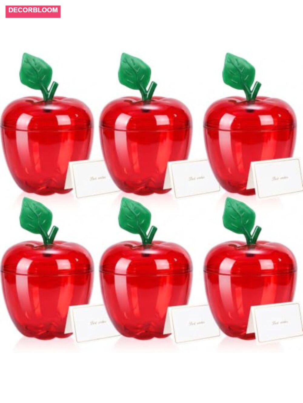 6 Pack Apple Shaped Plastic Candy Jar Container with Lid & Cards Teacher Gift